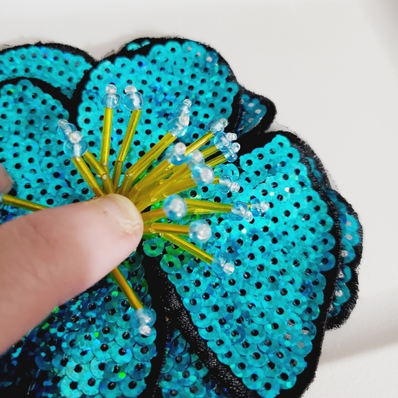 3D hibiscus beaded applique flower sew on iron on patch sequins tropical - Picture 8 of 13